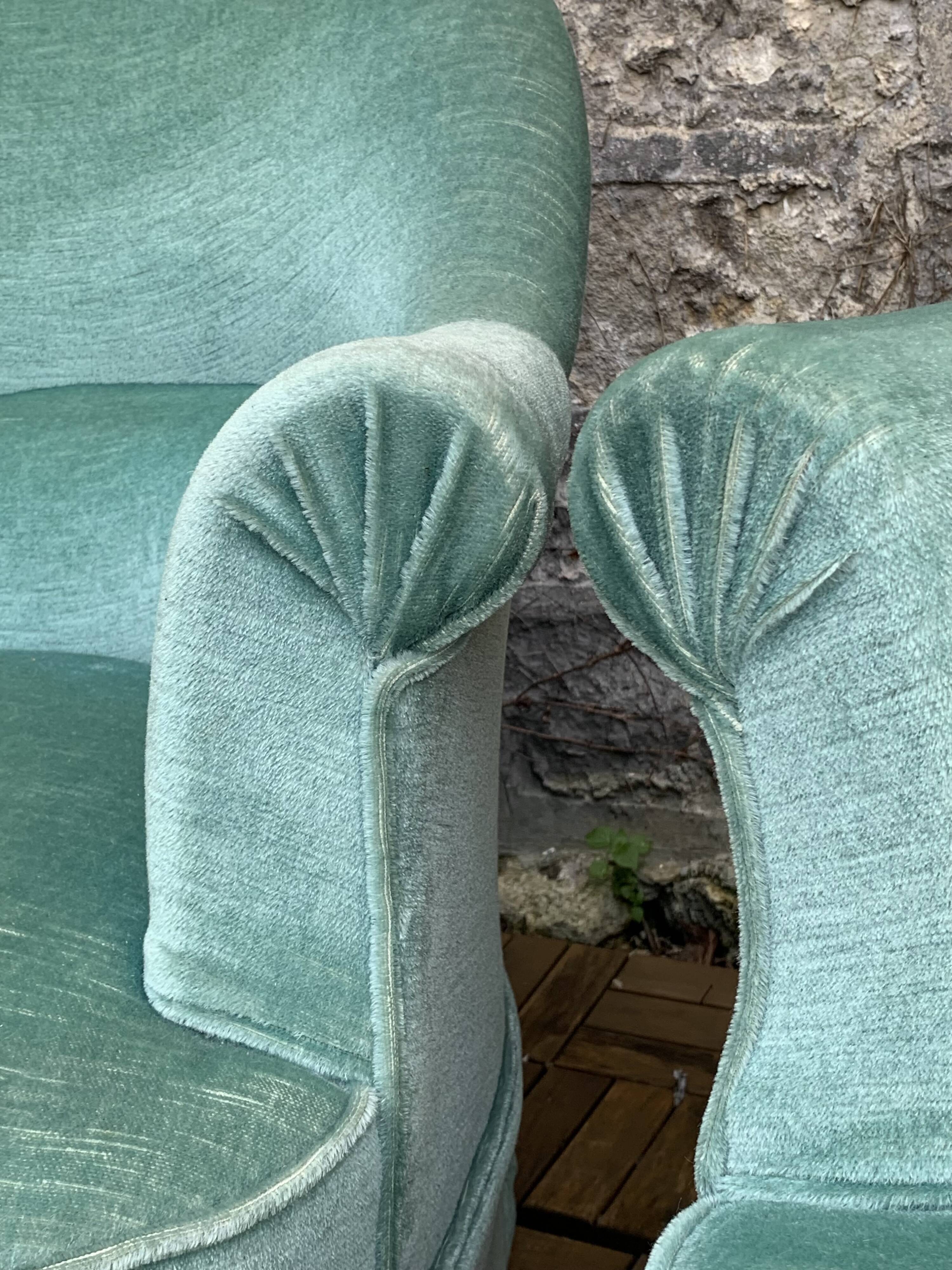 Pair of toad armchairs in water green velvet, 1970