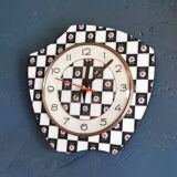 Vintage silent asymmetrical wall pendulum clock "Black and white checkered flowers"