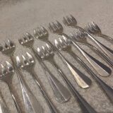 12 silver-plated oyster forks by silversmith J Brille with stick handles.