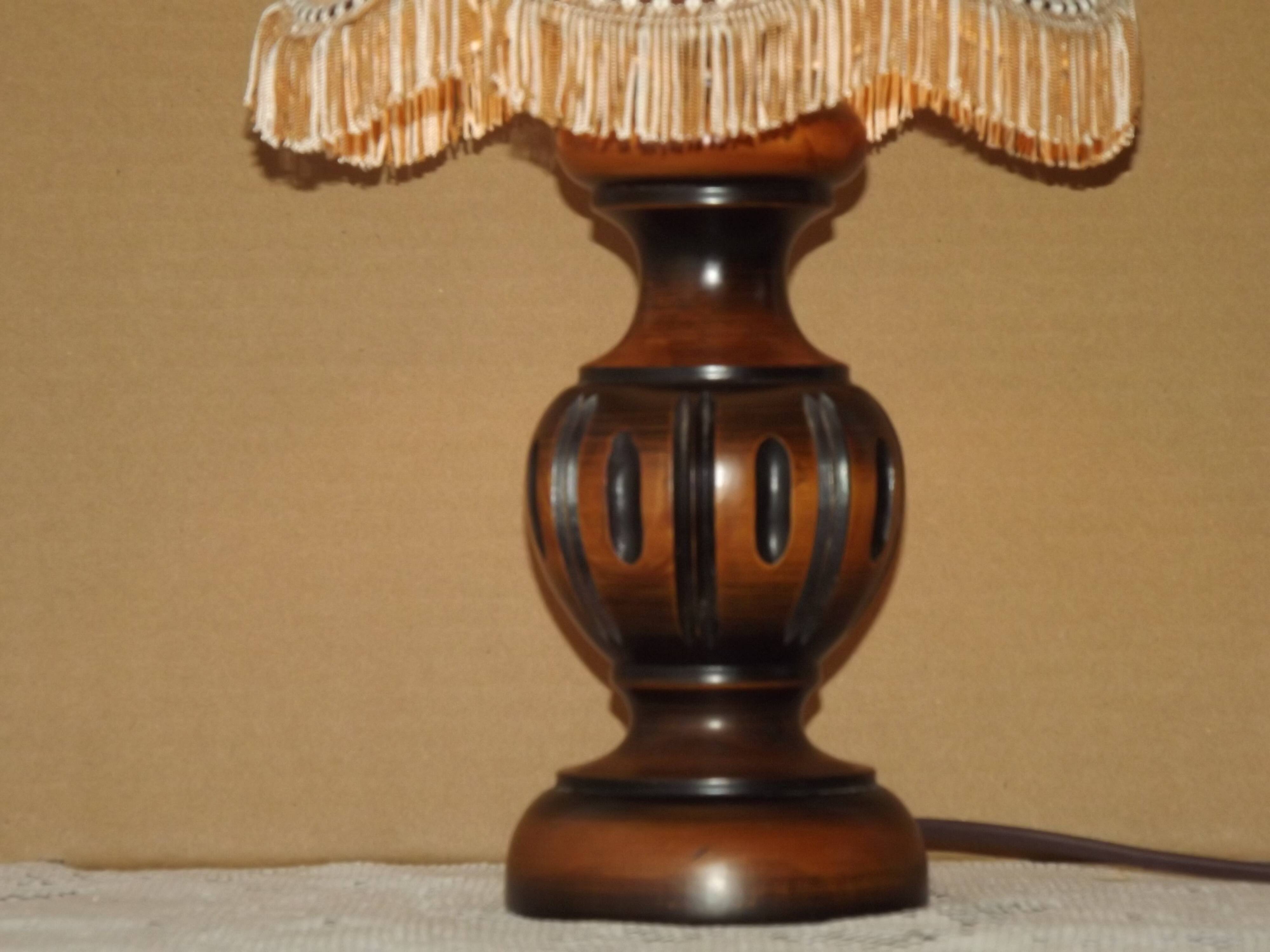 French Mid Century Round Turned Wood Table Lamp Cream Fringed Shade 5573