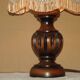 French Mid Century Round Turned Wood Table Lamp Cream Fringed Shade 5573