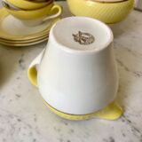 service à café 6 tasses, pot à lait et sucrier Moulin des Loups jaune texturé années 50