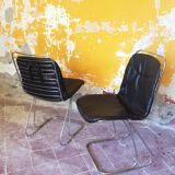 2 of 4 Italian Mid-Century Modern Dining Chairs, Chrome and Black Leather, Vintage Chairs, 1970's