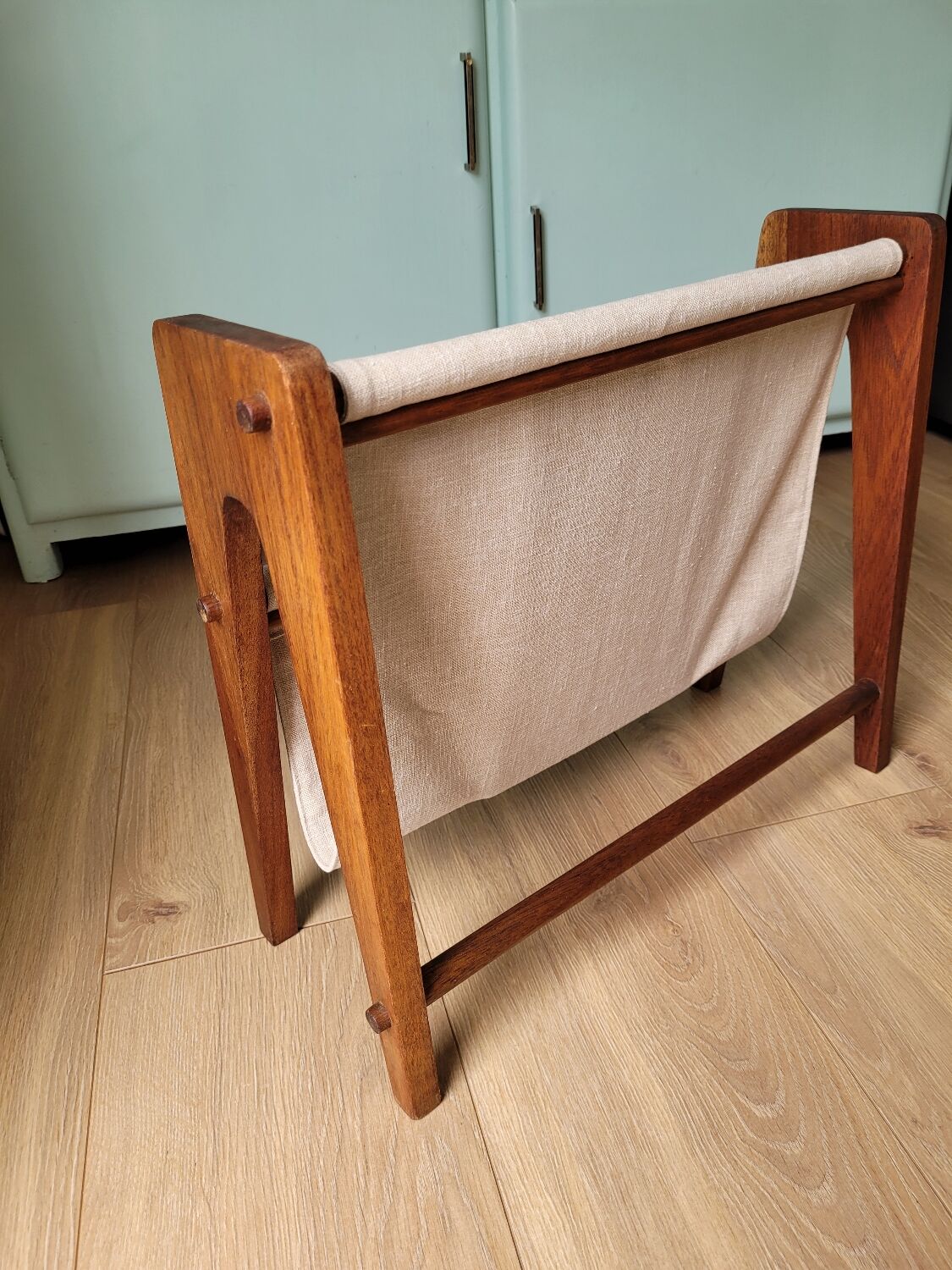 Scandinavian magazine rack exotic wood and linen