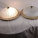 Pair of vintage Murano wall lights with exotic wood shelf.