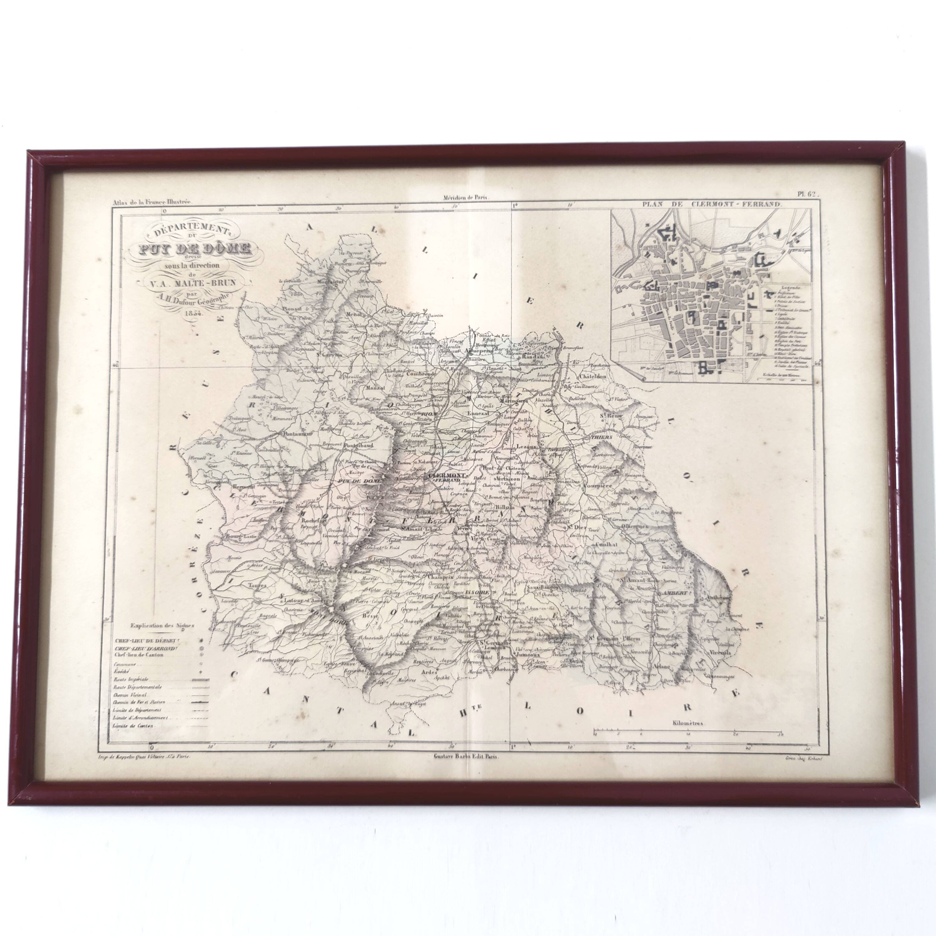 Auvergne Puy engraving map of dome wooden frame old plan of Clermont Ferrand