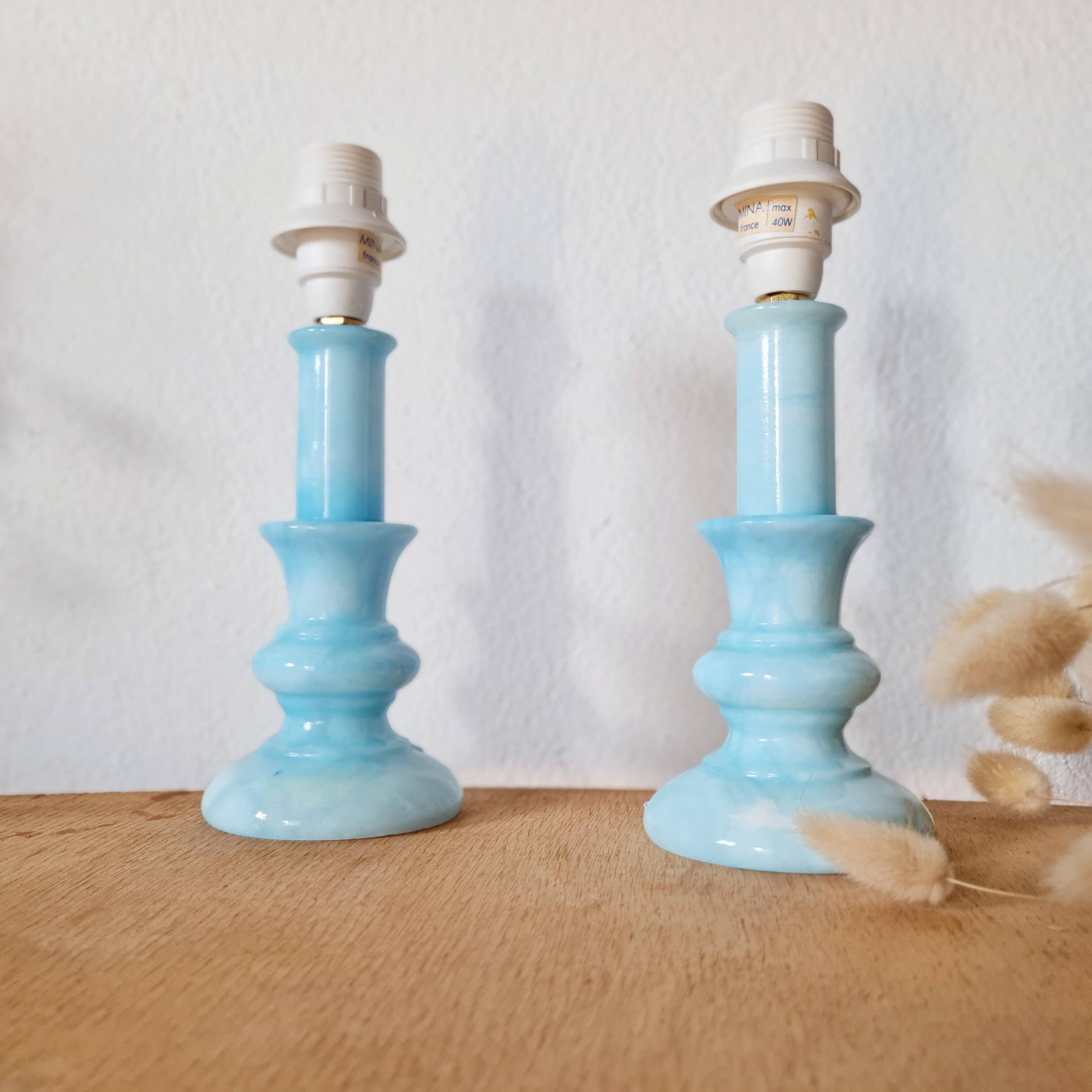 Pair of vintage azure blue alabaster bedside lamps