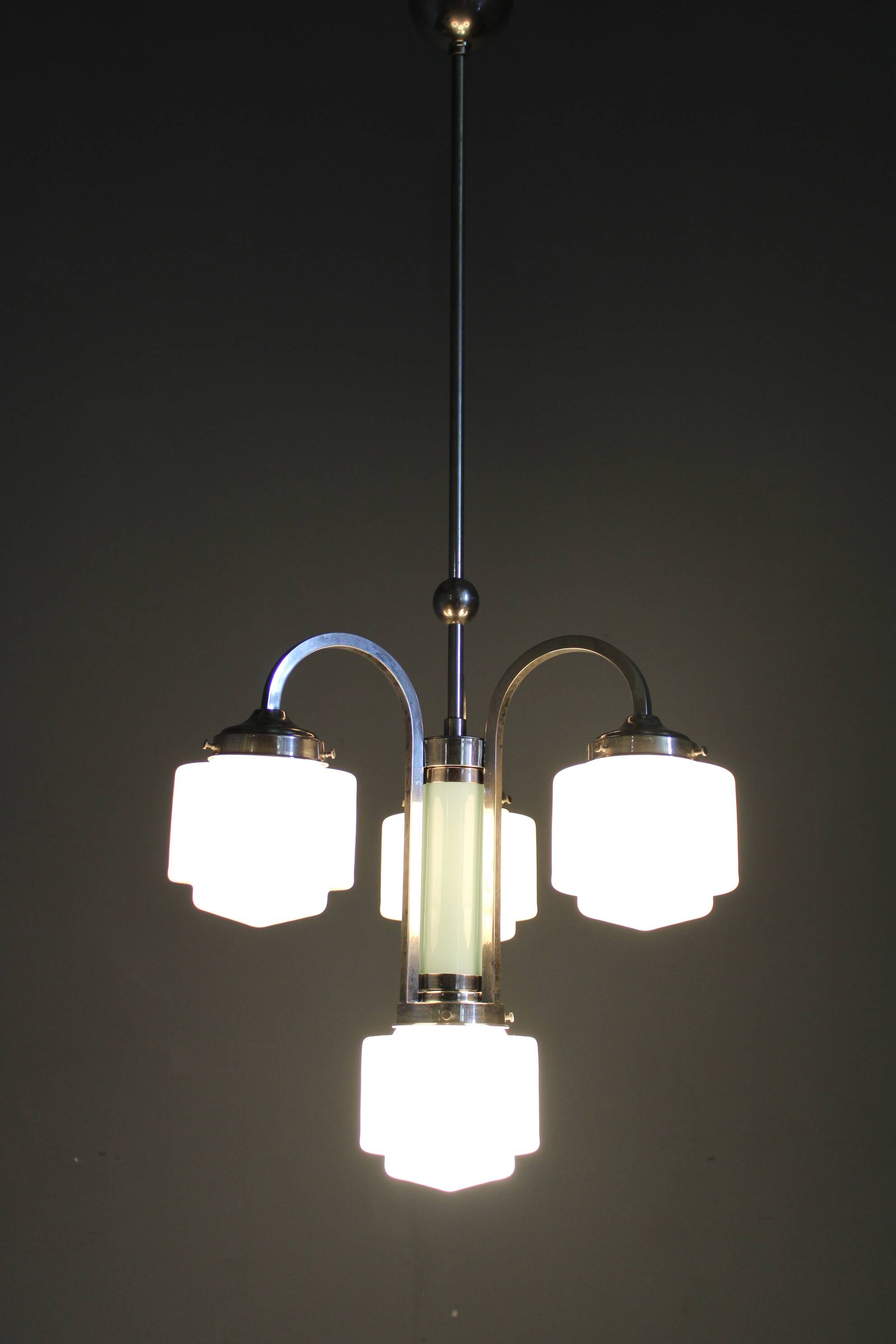 Art Deco nickel chandelier with cylindrical light opaline shades, Czechoslovakia