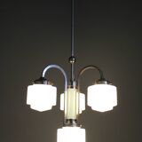 Art Deco nickel chandelier with cylindrical light opaline shades, Czechoslovakia