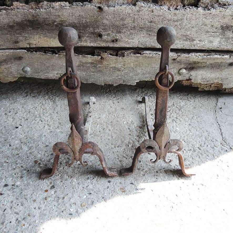 Antique Fleur de Lys Cast Iron Andirons