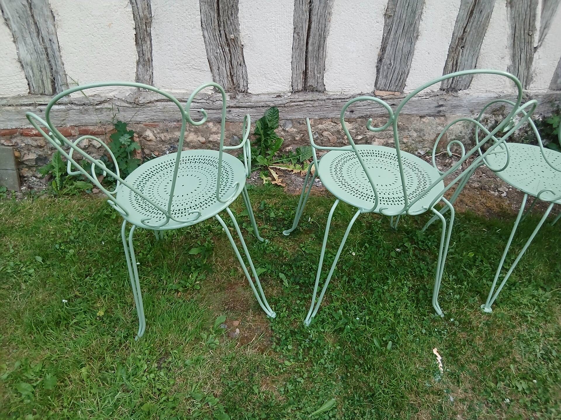 Salon de jardin 1 table 4 fauteuils fer forgé ancien vert Provence