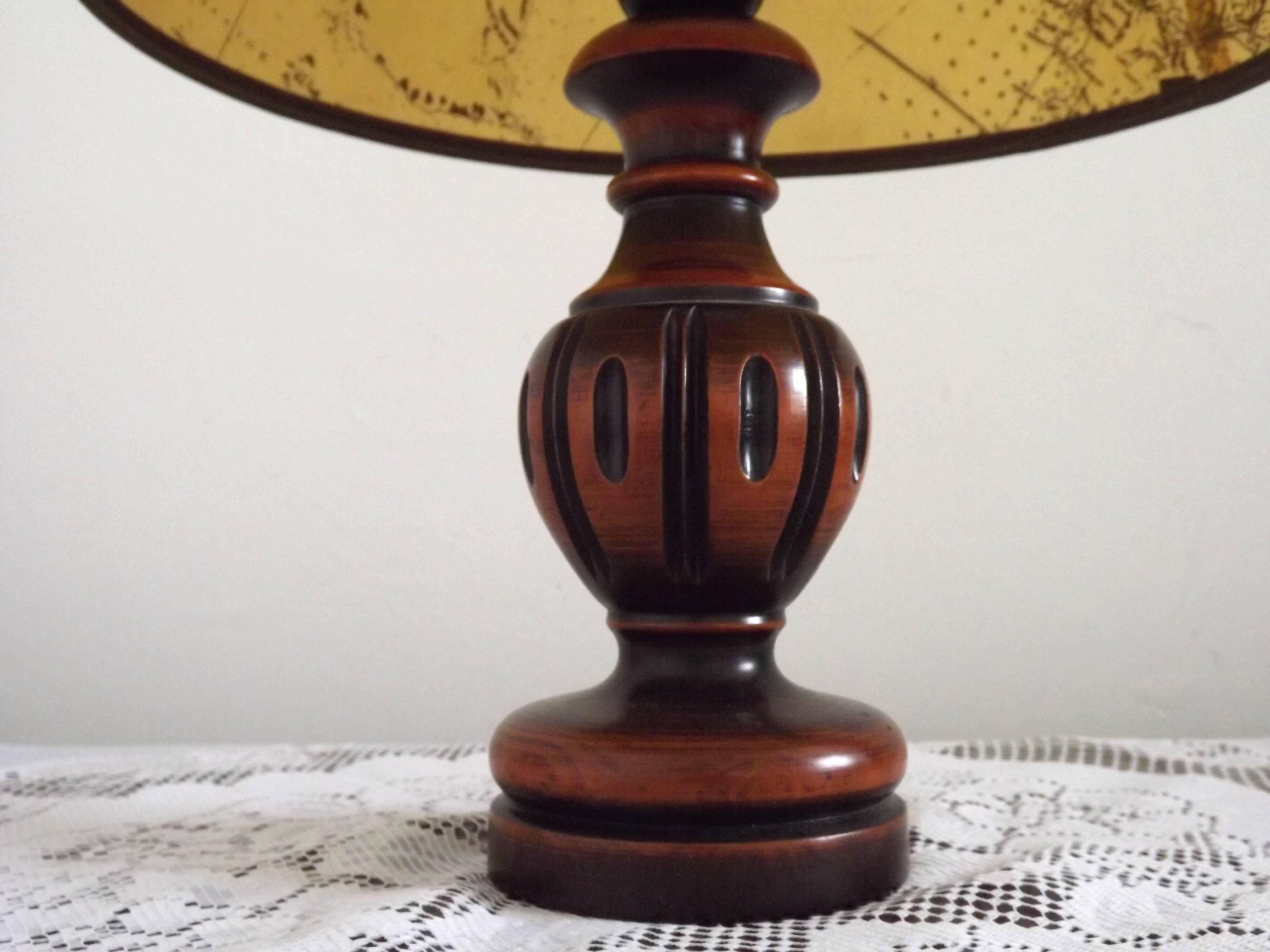 French Mid Century Round Turned Wood Grooved Table Lamp Map Detail Shade