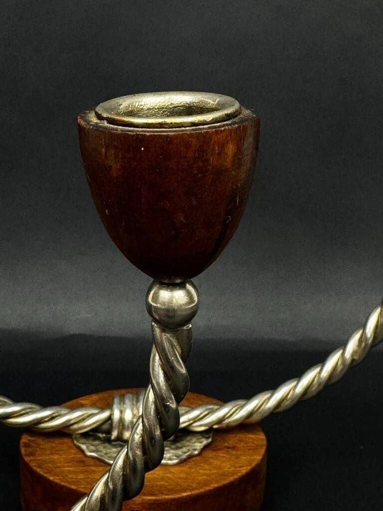 Pair of vintage candle holders in twisted wood and metal – Scandinavian design