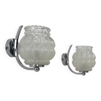 Pair of vintage chrome metal and bubble glass wall lights, France, 1950.