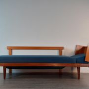 Norwegian daybed sofa in teak and blue fabric, renovated, vintage scandinavian 1960s
