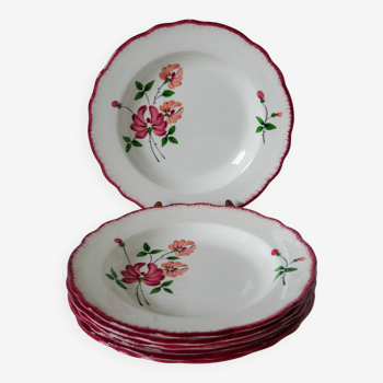 Lot de 7 assiettes creuses Salins à bords dentelé à fleurs 1950