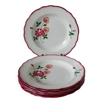 Lot de 7 assiettes creuses Salins à bords dentelé à fleurs 1950