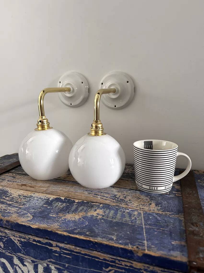 Pair of vintage white opaline wall lights