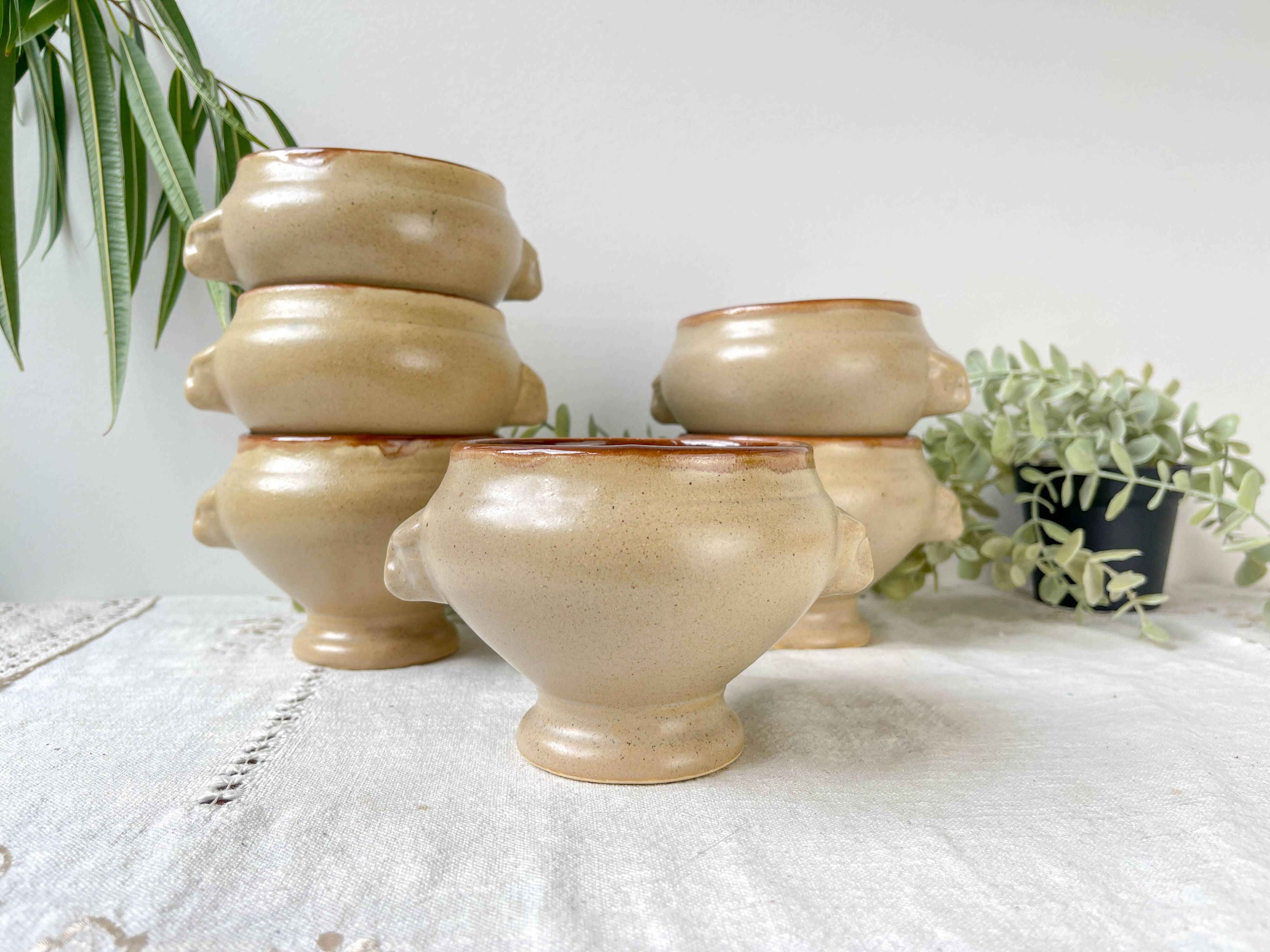 6 Vintage Emile Henry Ceramic Lion Head Onion Soup Bowls