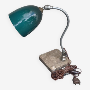Desk lamp, table lamp articulated on base in beige marble, metal and green opaline globe