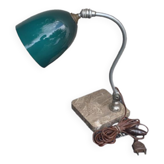 Desk lamp, table lamp articulated on base in beige marble, metal and green opaline globe