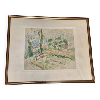 Painting by Edith Berger "Labour Scene" drawing in Crayolor, Dauphinoise school
