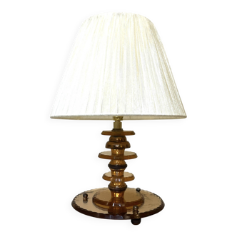 Art Deco lamp base in amber pink glass Rosaline brass ribbon lampshade