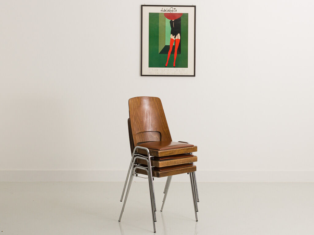 Set of 3 Jomain Baumann chairs, seat in imitation cognac leather, circa 1960