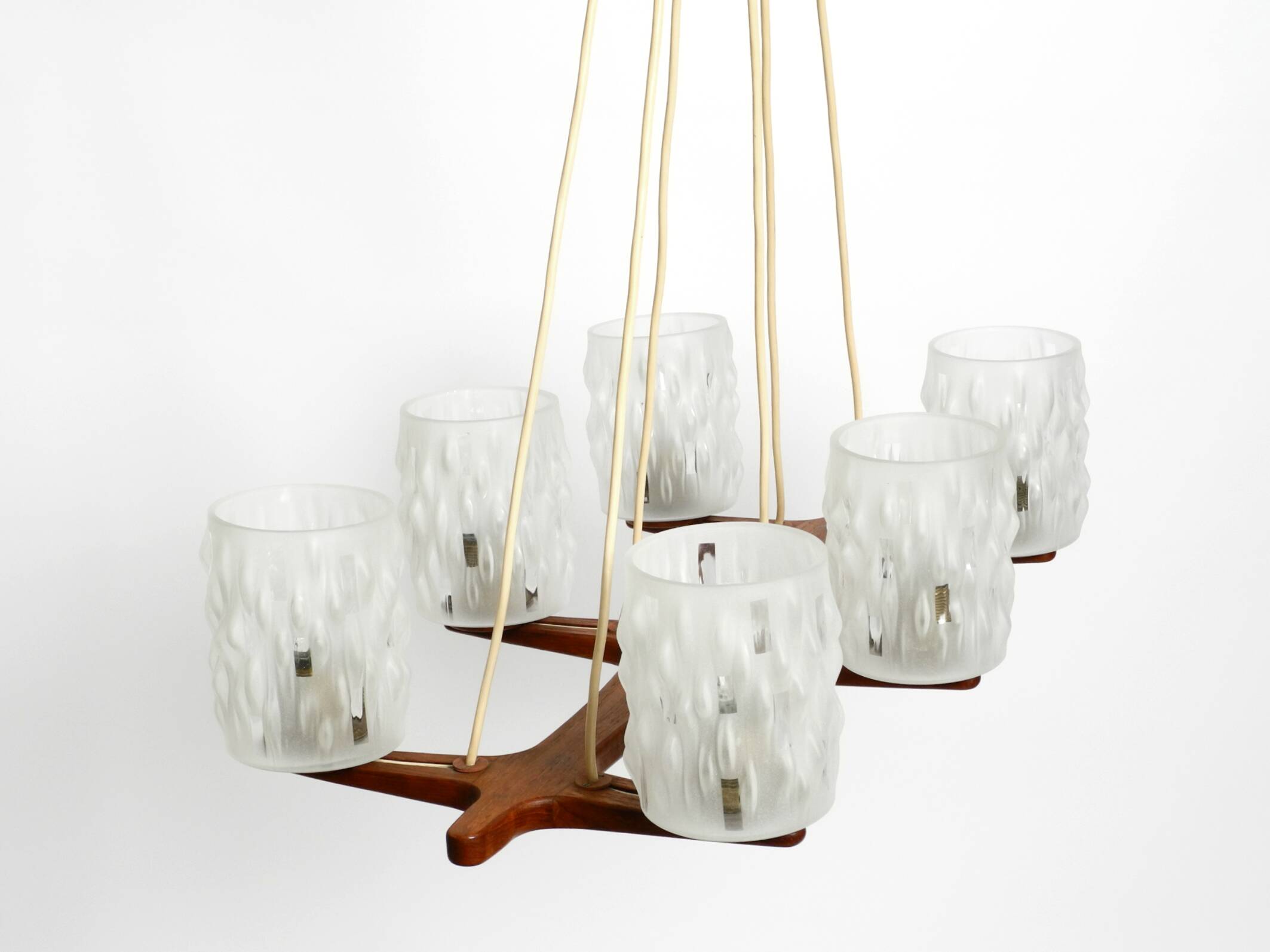 Beautiful 6-armed Scandinavian 1960s ceiling lamp made of teak and with gla