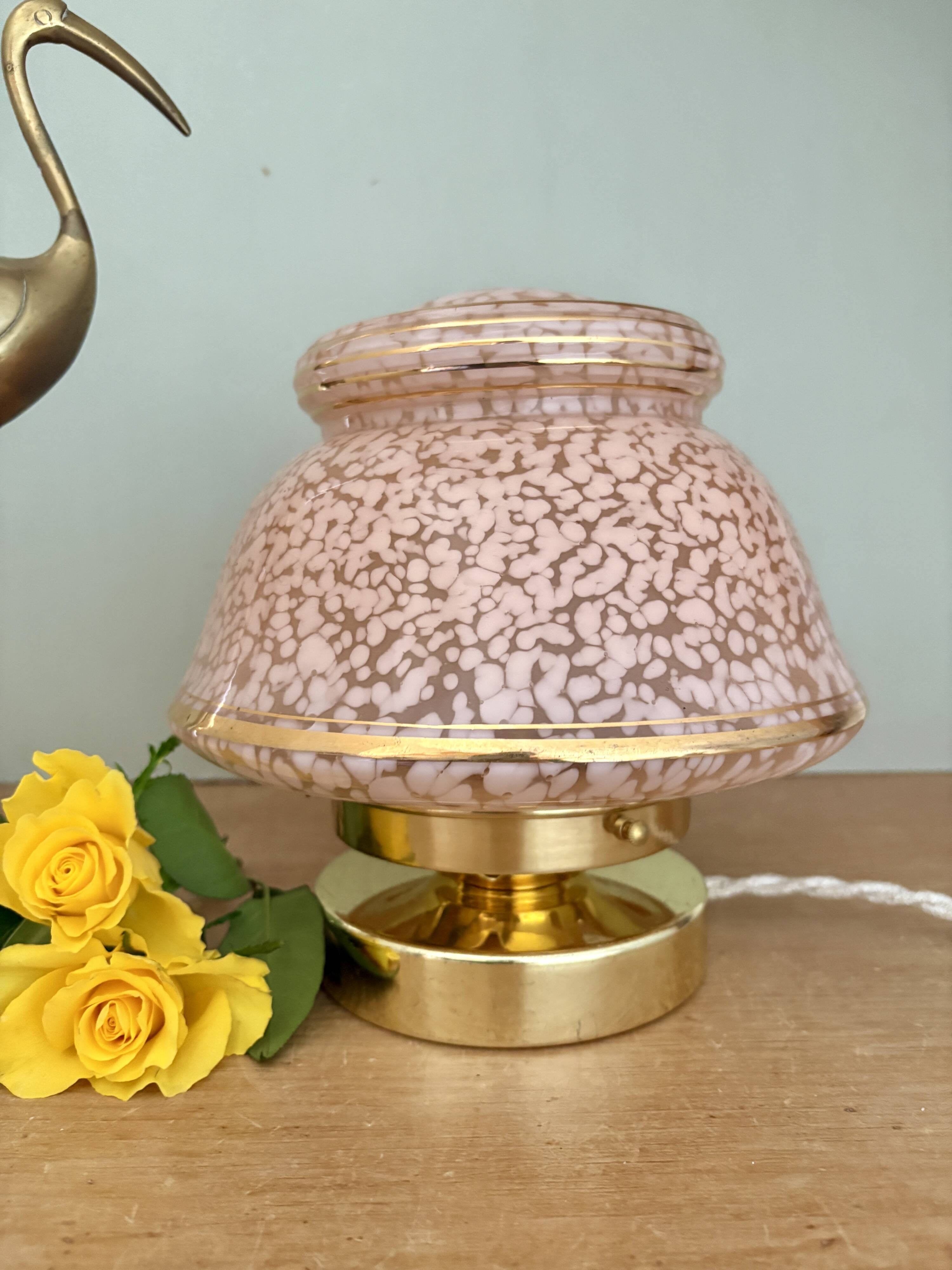 Antique art deco globe table lamp in pink and gold Clichy glass