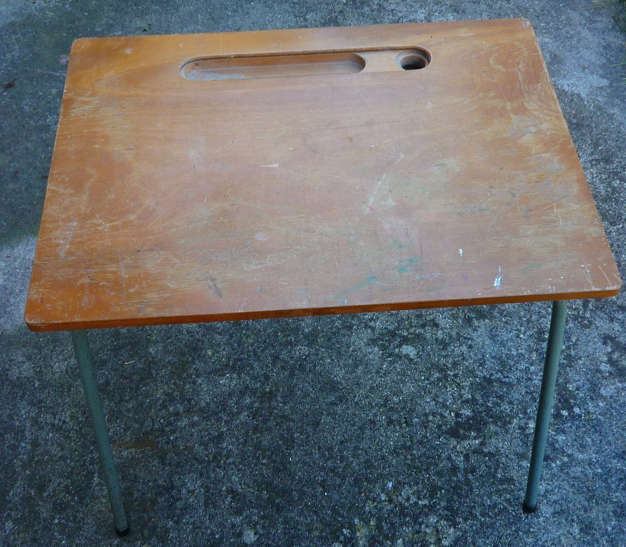Folding school desk, wood and metal, vintage 50s