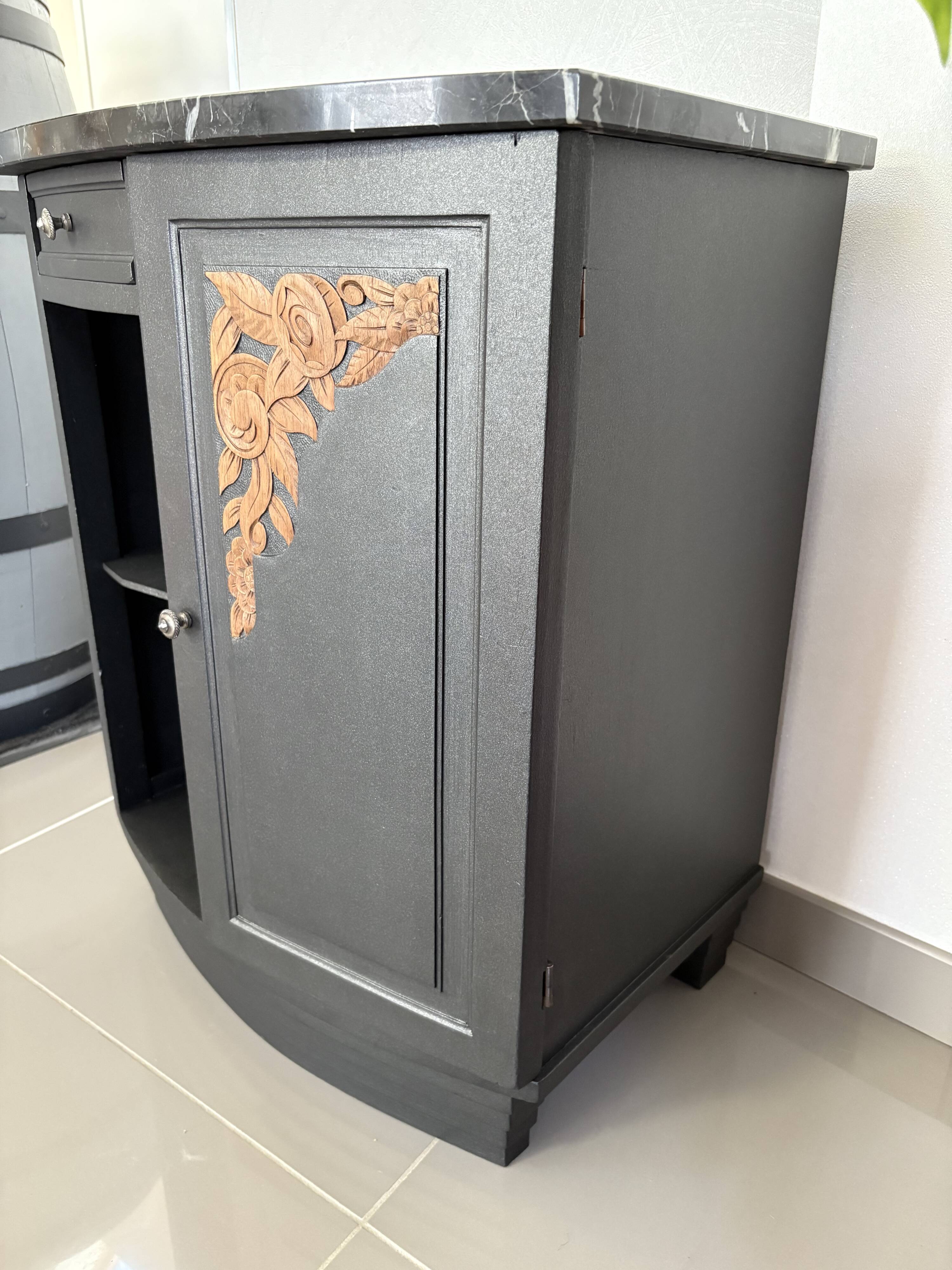 Storage unit, vintage bedside table painted black with a black marble top