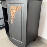 Storage unit, vintage bedside table painted black with a black marble top