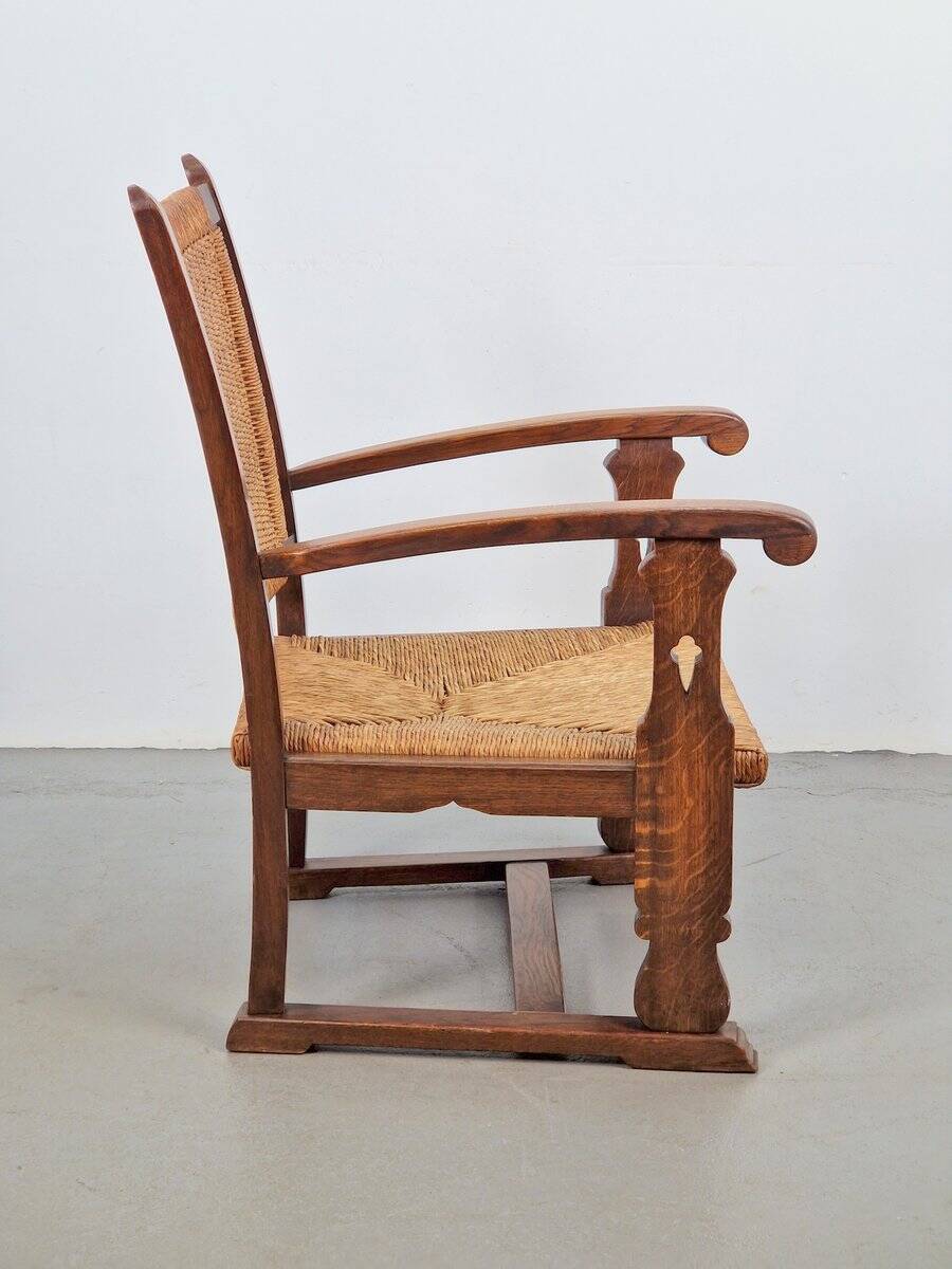 Modern Dutch Brutalist Armchair in Rush and Oak, 1950s