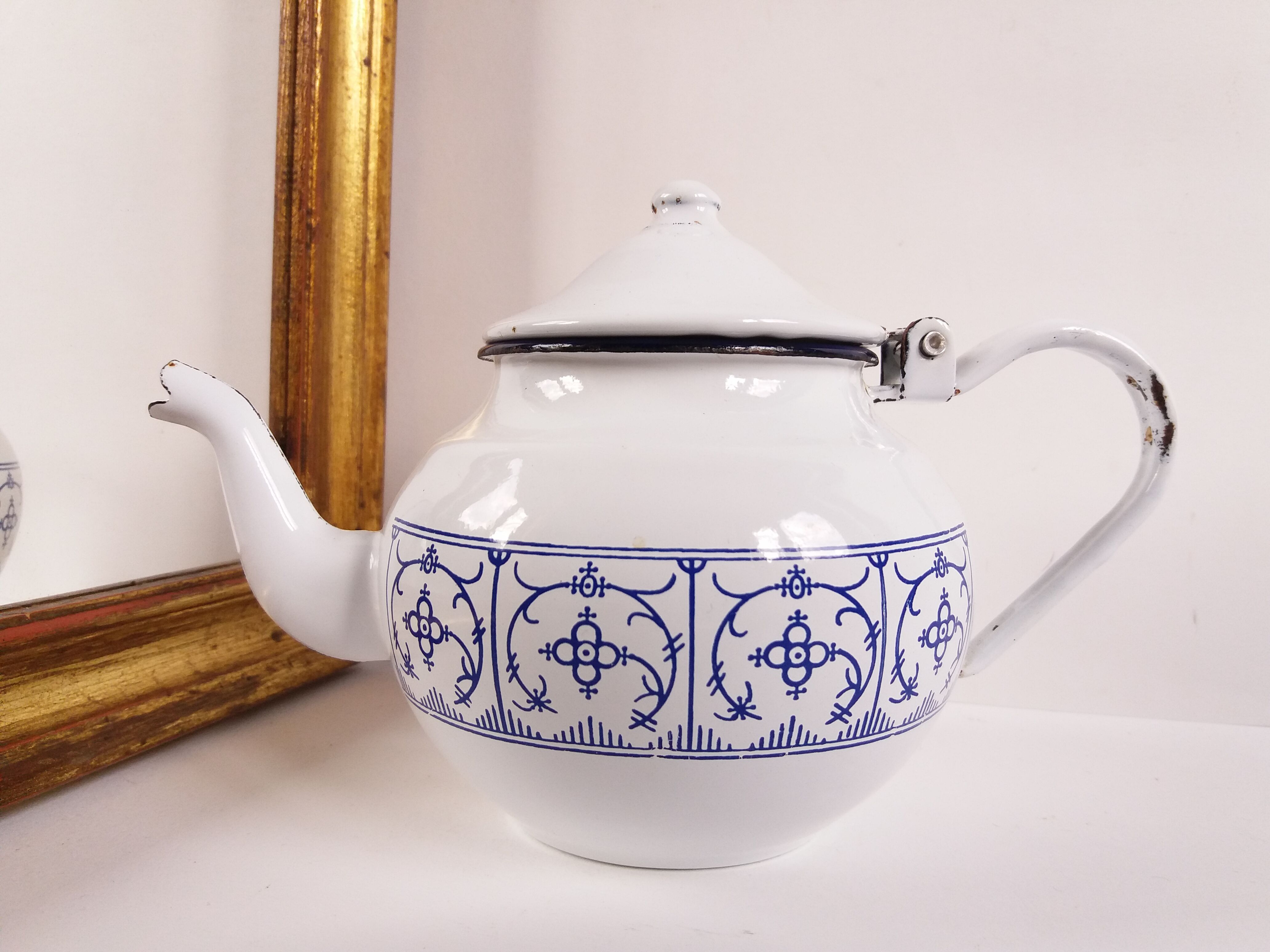 Teapot enamel white and blue