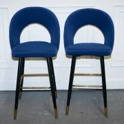 Chaises de Bar en Velours Bleu avec Cadre Doré