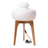 Space Age Floor Lamp, White Glass Lampshade, Wooden Base, 1960s