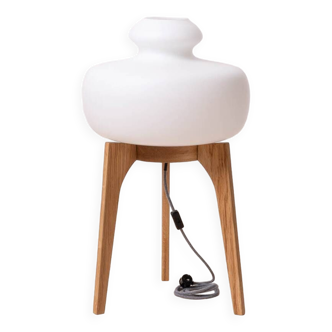 Space Age Floor Lamp, White Glass Lampshade, Wooden Base, 1960s
