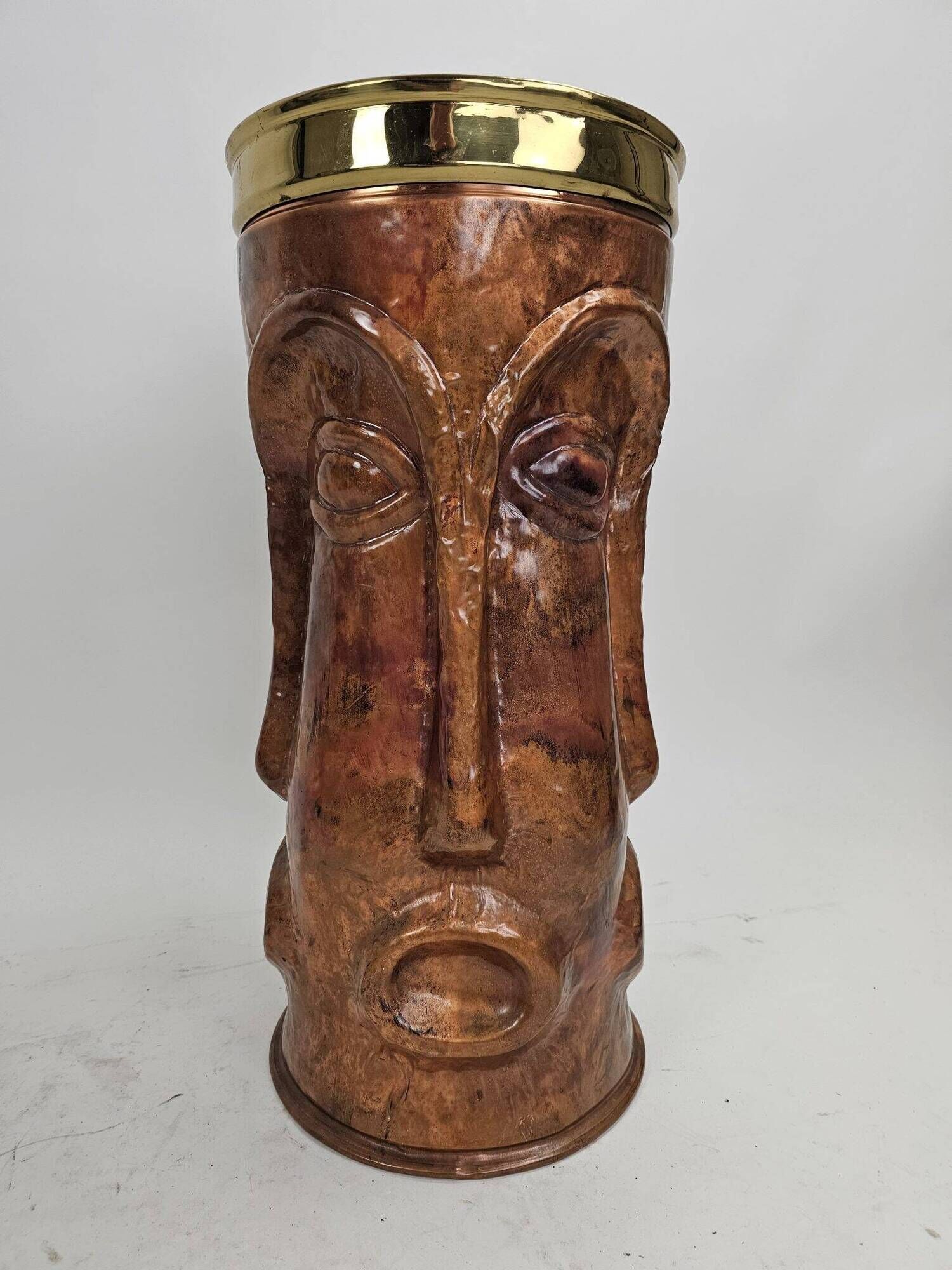 Sculptural copper umbrella stand with tribal faces, 1970s