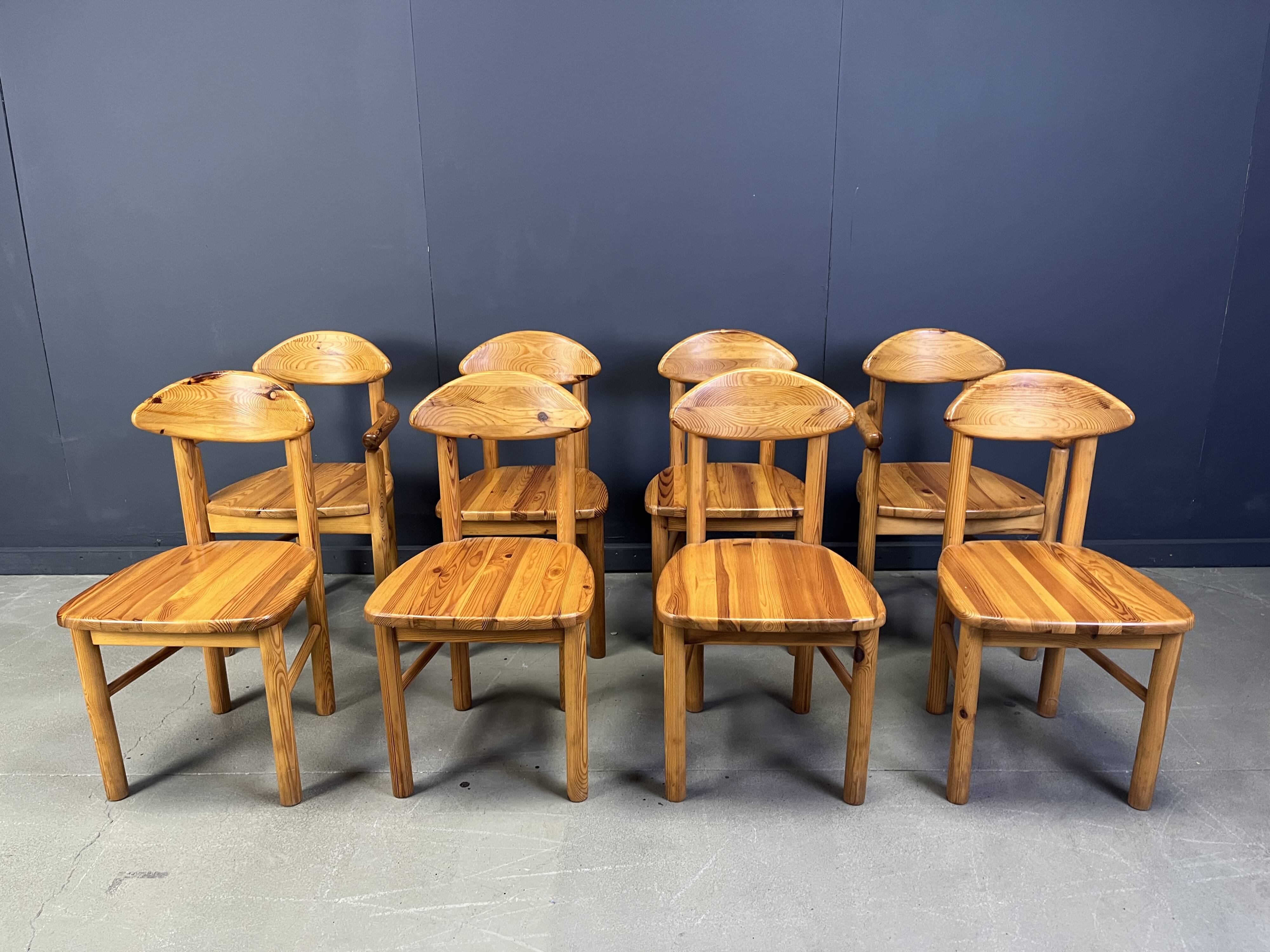 Vintage pine wood dining chairs - 1980s - set of 8