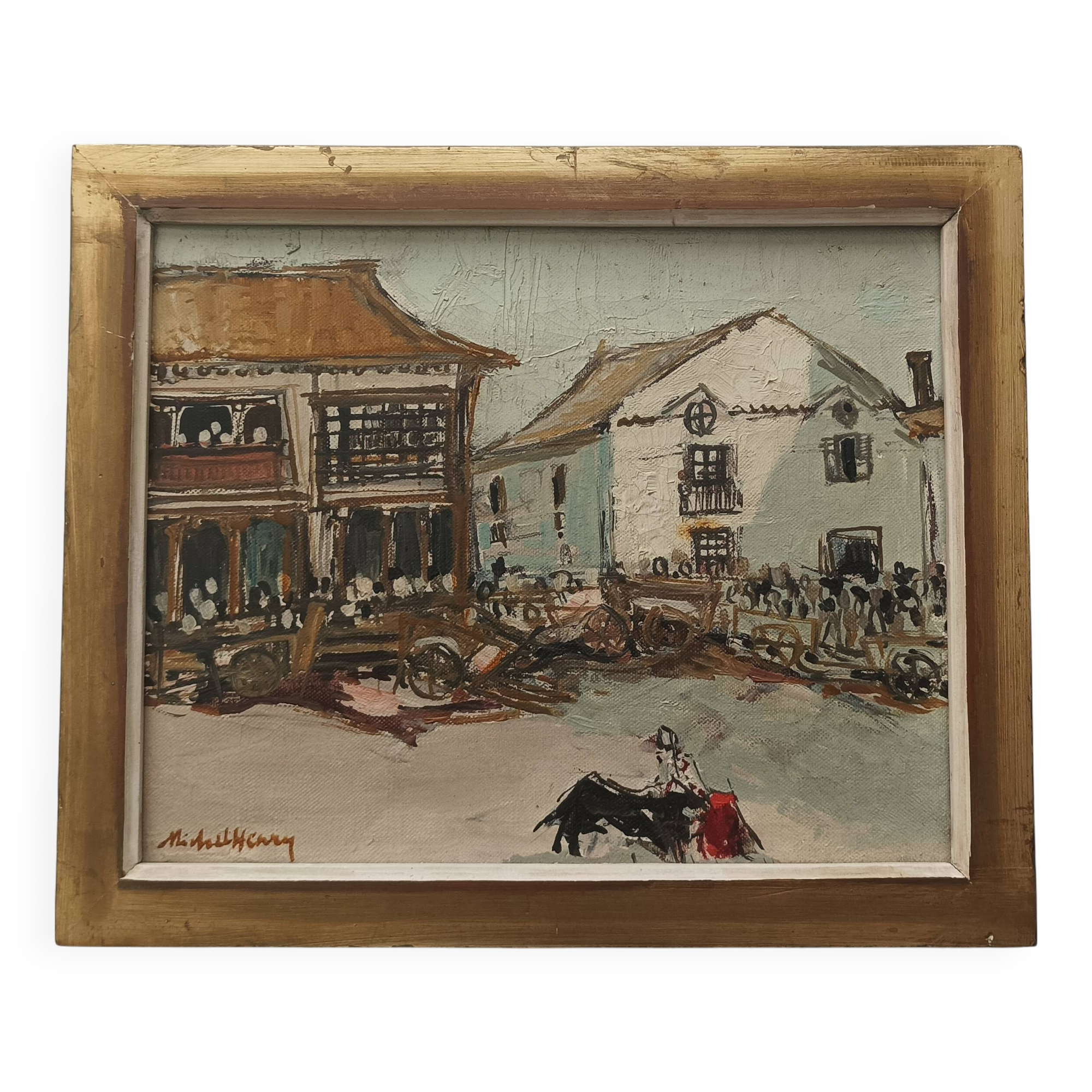 Michel Henry (1928-2016) Oil on canvas painting "Toros a Pedraza"