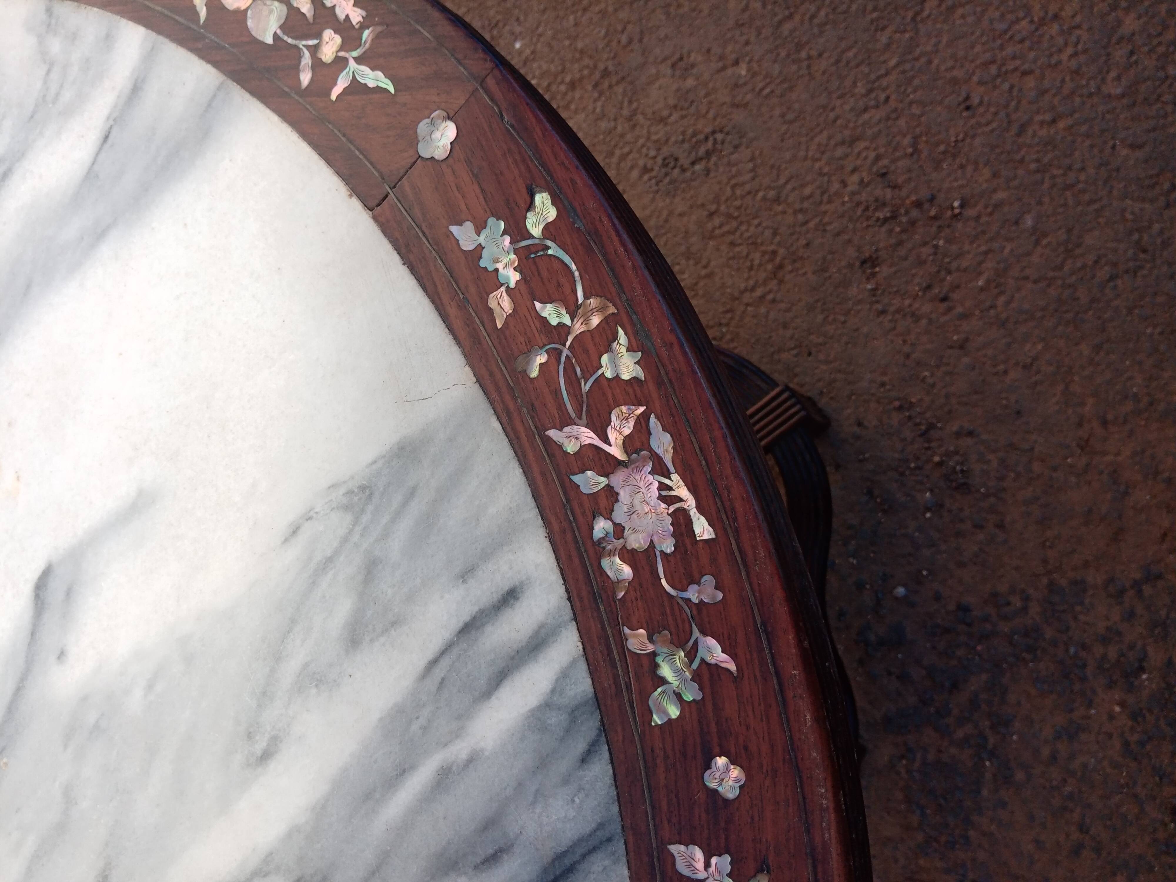 19th century Asian pedestal table with mother-of-pearl and brass inlay