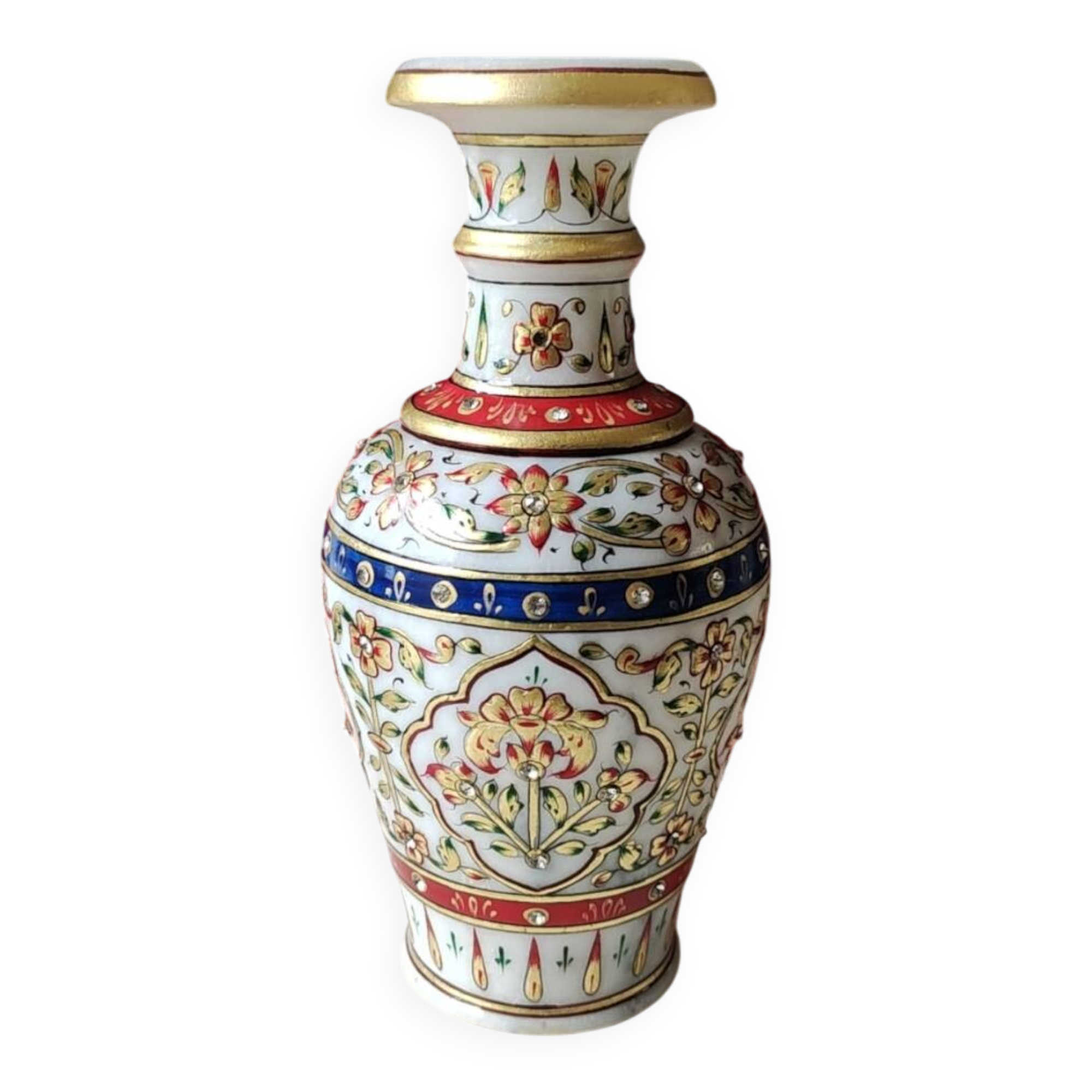 Hindu marble vase with floral decoration and gold leaf, in a box. Height 20 cm.