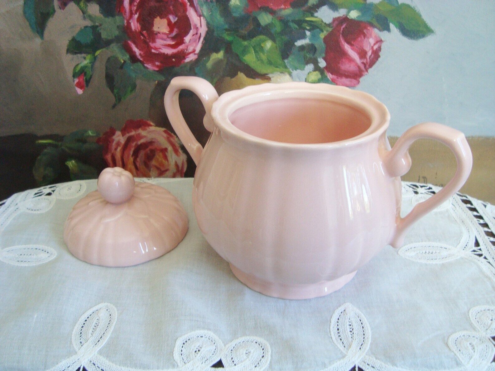Vintage pink ceramic sugar bowl made by Salins France