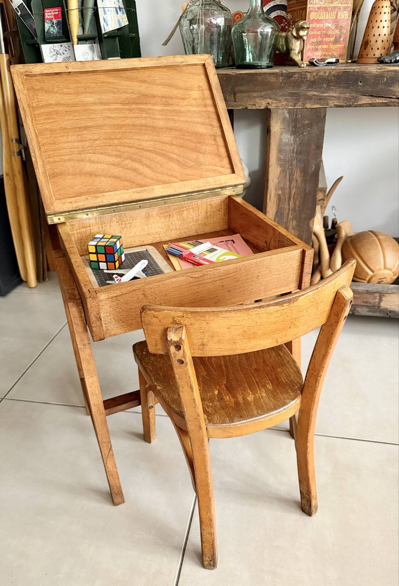 School desk and chair set stamped Baumann