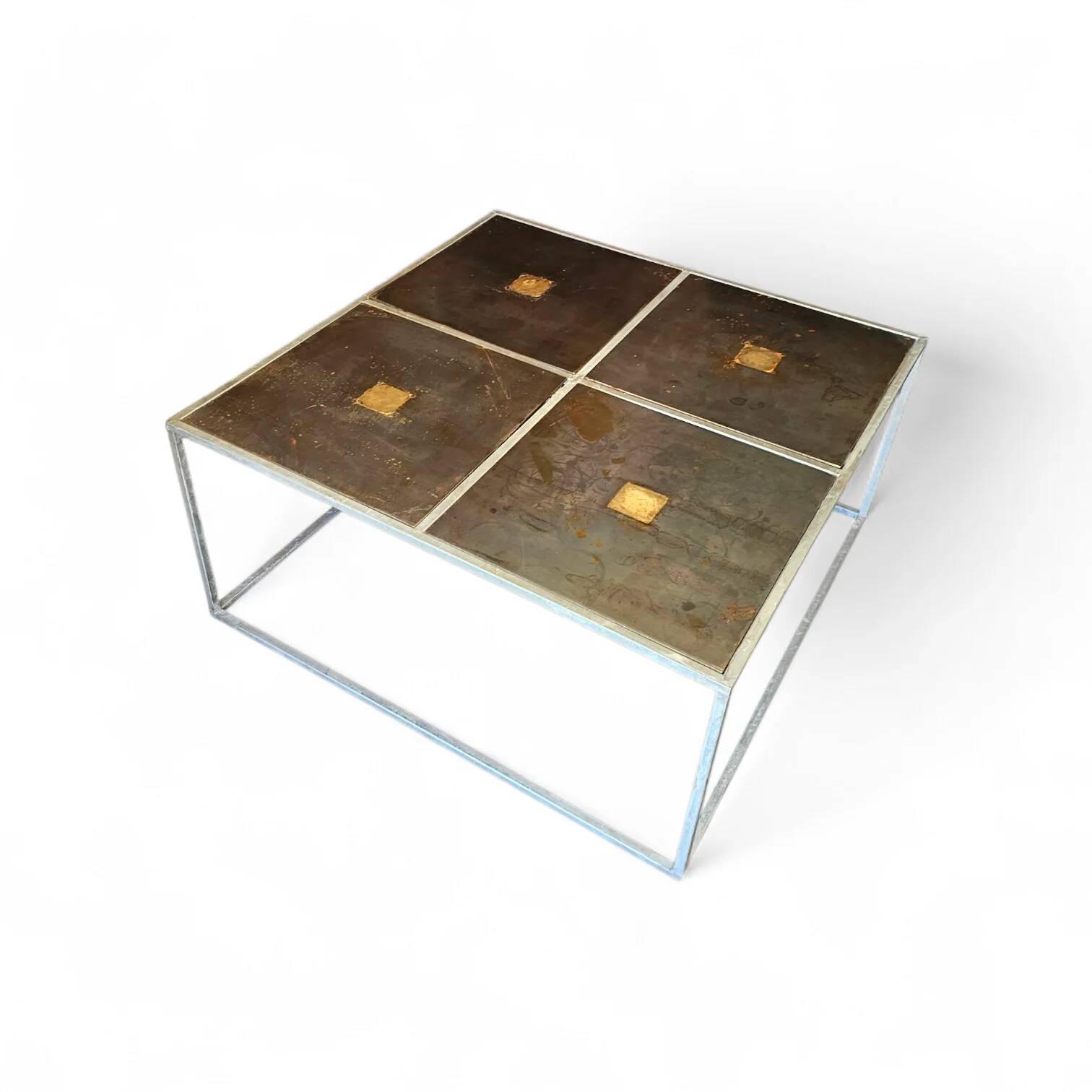 One of a kind brutalist coffee table 1980s with weighty metal / copper / steel tops