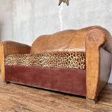 Art Deco club sofa in leather and leopard print