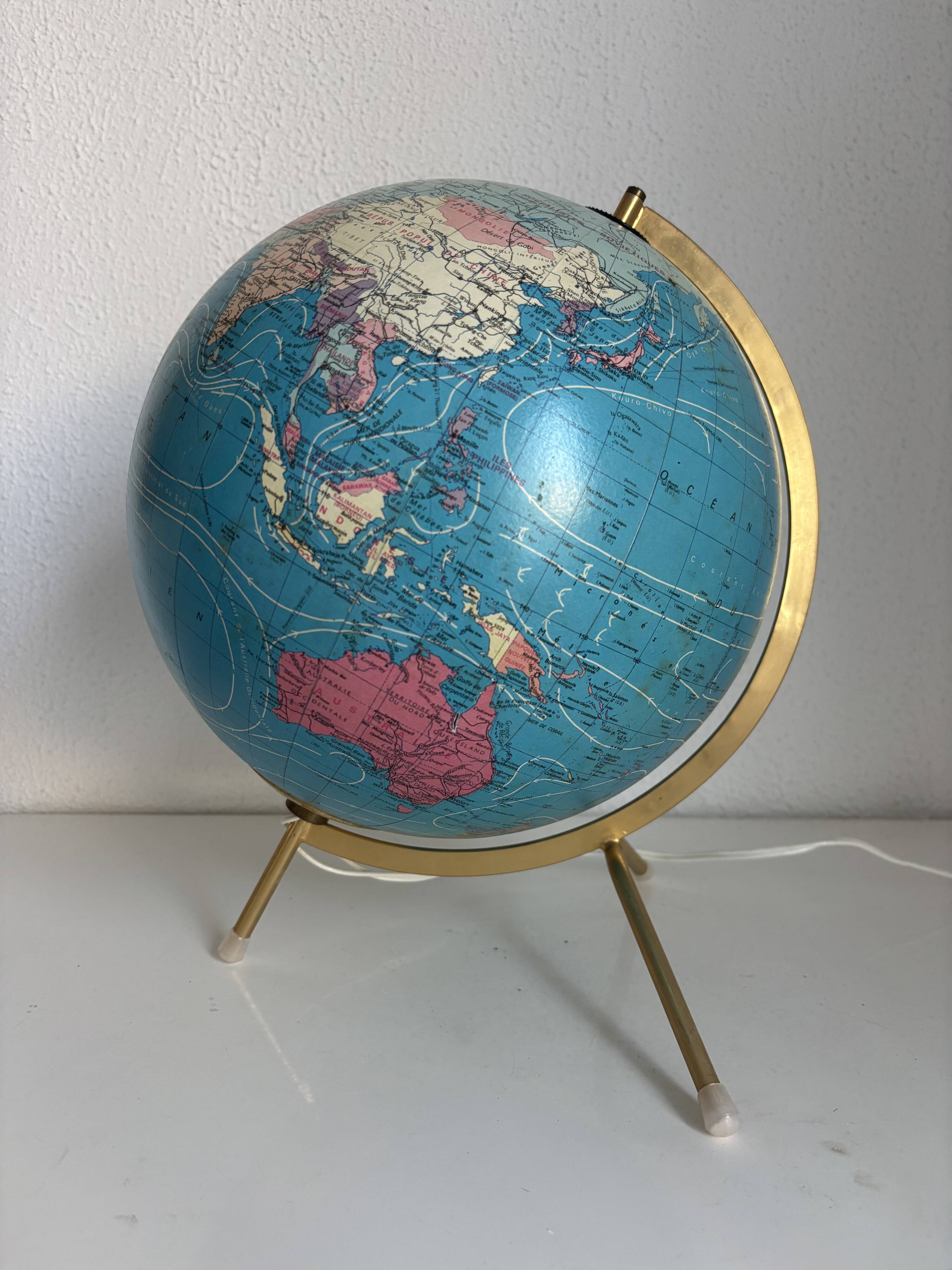 Globe vintage 1975 terrestre verre tripode doré Taride - 32 cm