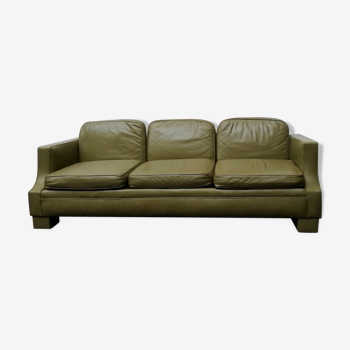 Jansen Olive green leather sofa France 1970