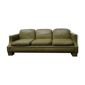 Jansen Olive green leather sofa France 1970